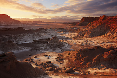 日落时火星岩石沙丘景观图片