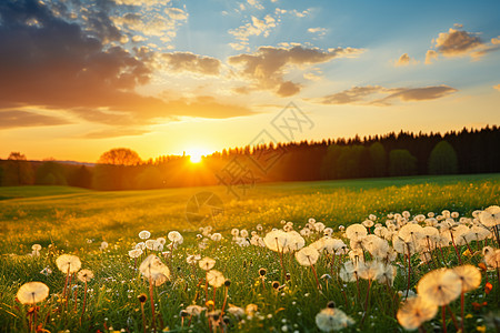 蒲公英花海夕阳下的蒲公英田野背景