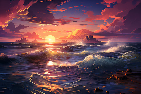 浪漫日落的海洋景观图片