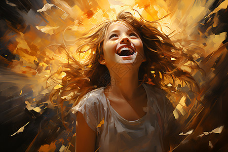 金色稻田上微笑的小女孩图片