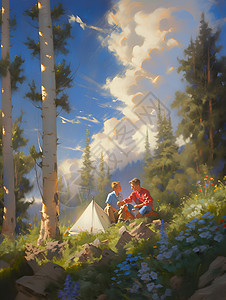 夏日野外露营的年轻情侣图片