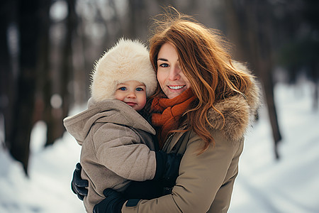 雪中母女冬天宝宝腹泻高清图片