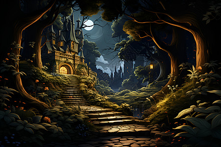 夜幕森林中壮观的古堡建筑图片