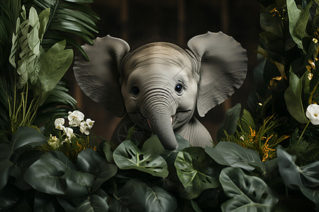 绿植前的可爱的大象绘画背景图片