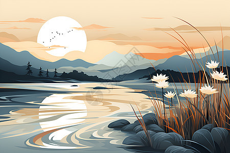 宁静湖泊夕阳背景图片