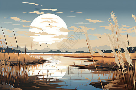 夕阳下的湿地与芦苇背景图片