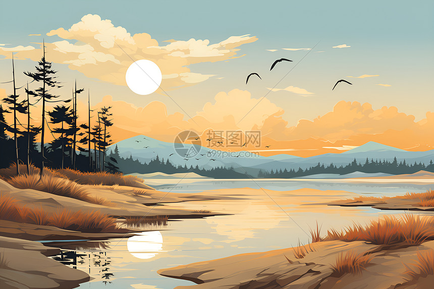 日出湖畔飞鸟背景图片