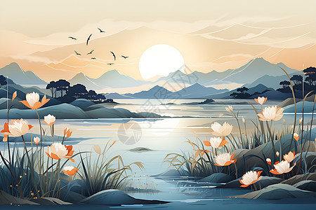 太阳初升湖面静谧背景图片