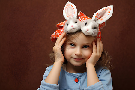 小女孩戴着两只兔耳朵图片