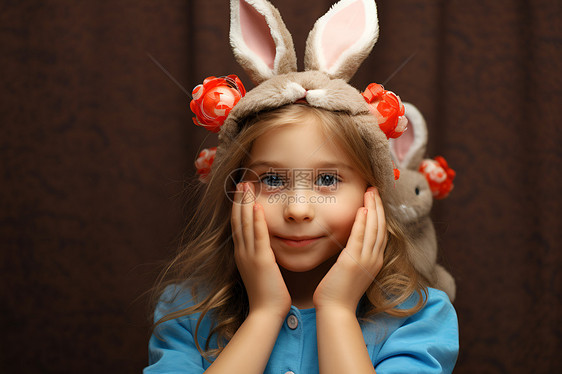小女孩戴着兔耳帽图片