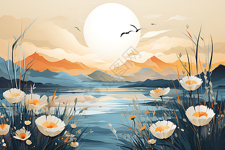 白露时节下的湖光山色背景图片