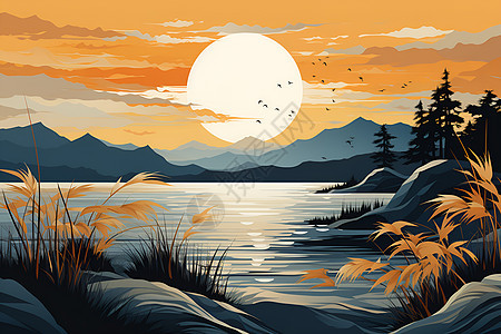 太阳西下湖面波光粼粼背景图片