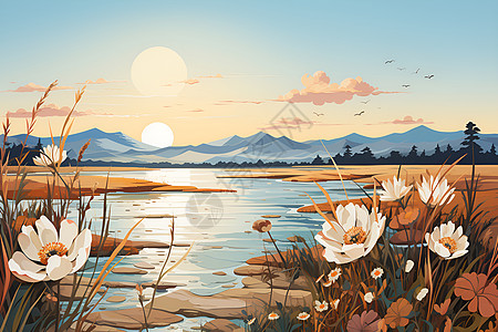 湖畔夕阳下的美丽画卷背景图片