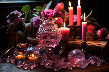 奇幻粉色水晶簇围绕着蜡烛图片