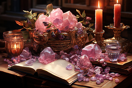 紫色水晶在书籍旁边图片