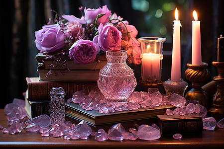 蜡烛照亮的粉色水晶图片