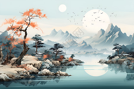 湖光山色的唯美插画背景图片