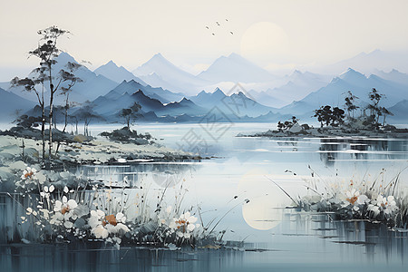 安静湖畔的仙境背景图片
