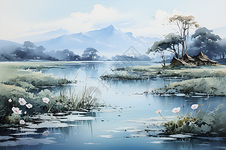 白露时节的宁静湖面背景图片