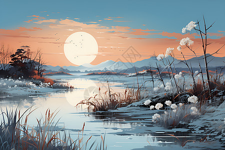 白露的湖光山色背景图片