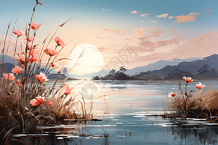 白露时节的湖光山色背景图片