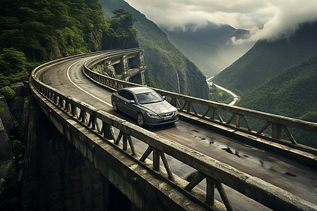 一辆车在陡峭的山桥上图片