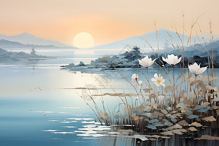 白露时节的静谧湖光背景图片