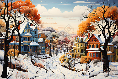 小镇的雪景画背景图片