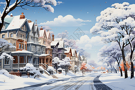 白雪皑皑小镇画卷图片