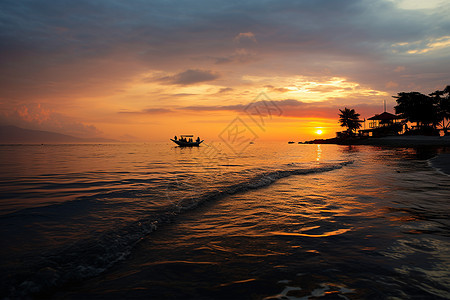 夕阳下海面的船只背景图片