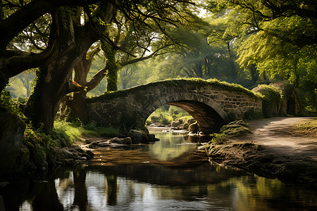 林中小溪上的石桥图片