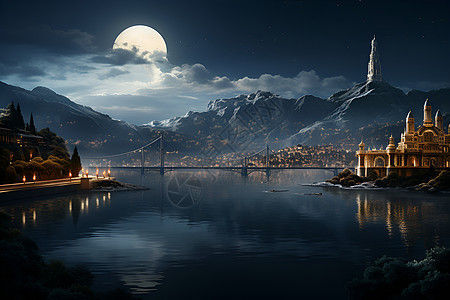 夜幕下的湖畔城堡图片