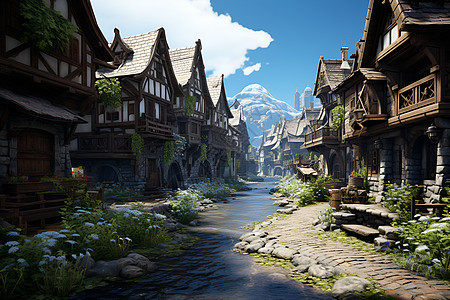风景优美的山谷小镇建筑背景图片