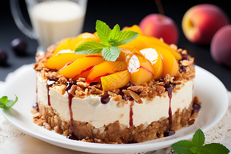 新鲜烘焙的桃子慕斯蛋糕图片