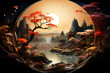 抽象创意的山川湖泊艺术插图背景图片