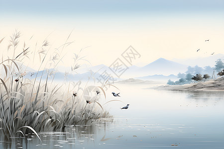 湖光山色鸟翅云烟的艺术插图图片