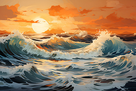 夕阳余晖中的海浪图片