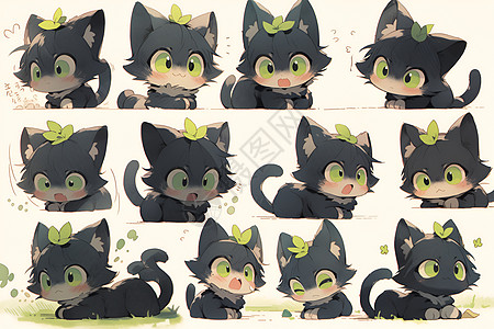 动漫表情的黑猫卡通插图背景图片