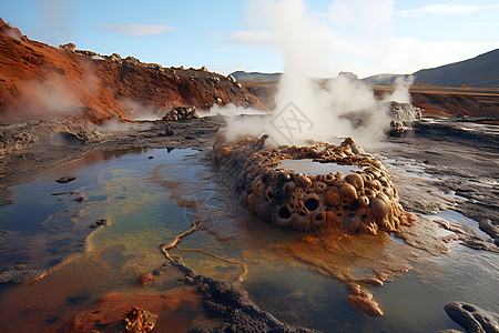 火山温泉冰岛温泉山谷中的热气腾腾背景