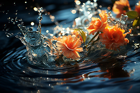 水中的橙色花朵图片
