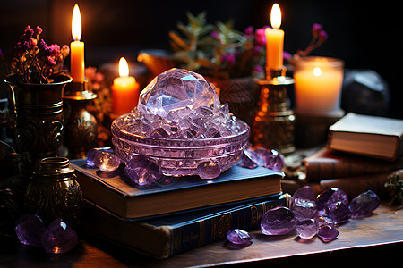 桌面上的蜡烛和水晶图片