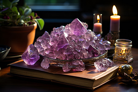 桌面上透明的紫色水晶图片