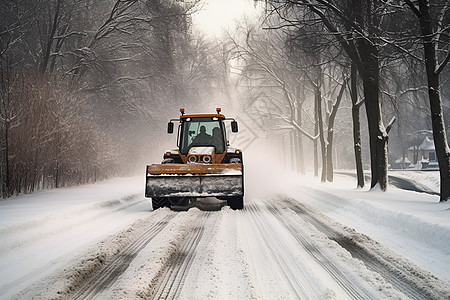 铲雪车驶过林间道路高清图片