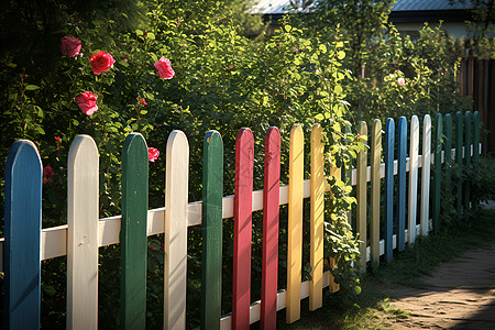 夏日花园里的彩色栅栏图片