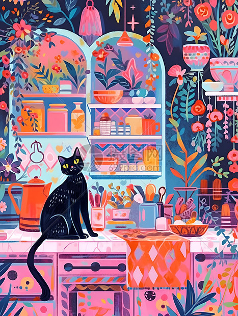 温馨厨房的猫咪绘画图片