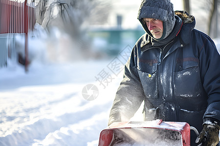 男人扛着雪铲推高清图片