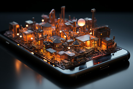 手机内部手机屏幕上城市模型设计图片