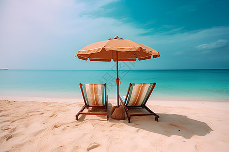 沙滩椅下的碧海蓝天图片