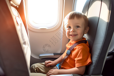飞机上开心出行的小男孩背景图片