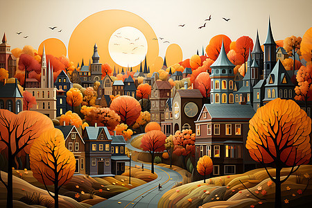 色彩斑斓的秋季城市插图图片